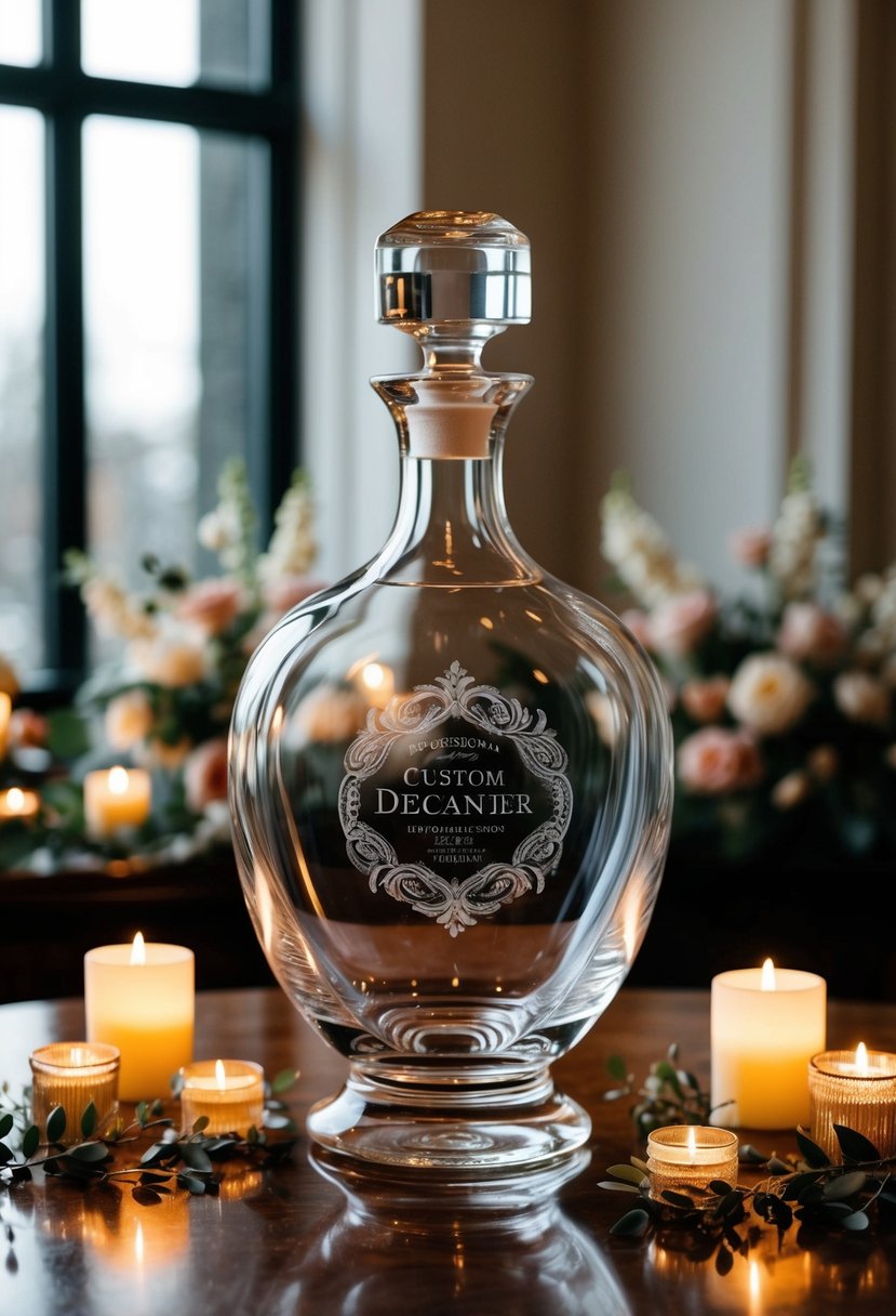 A custom decanter with elegant engraving sits on a polished wooden table, surrounded by soft candlelight and delicate floral arrangements