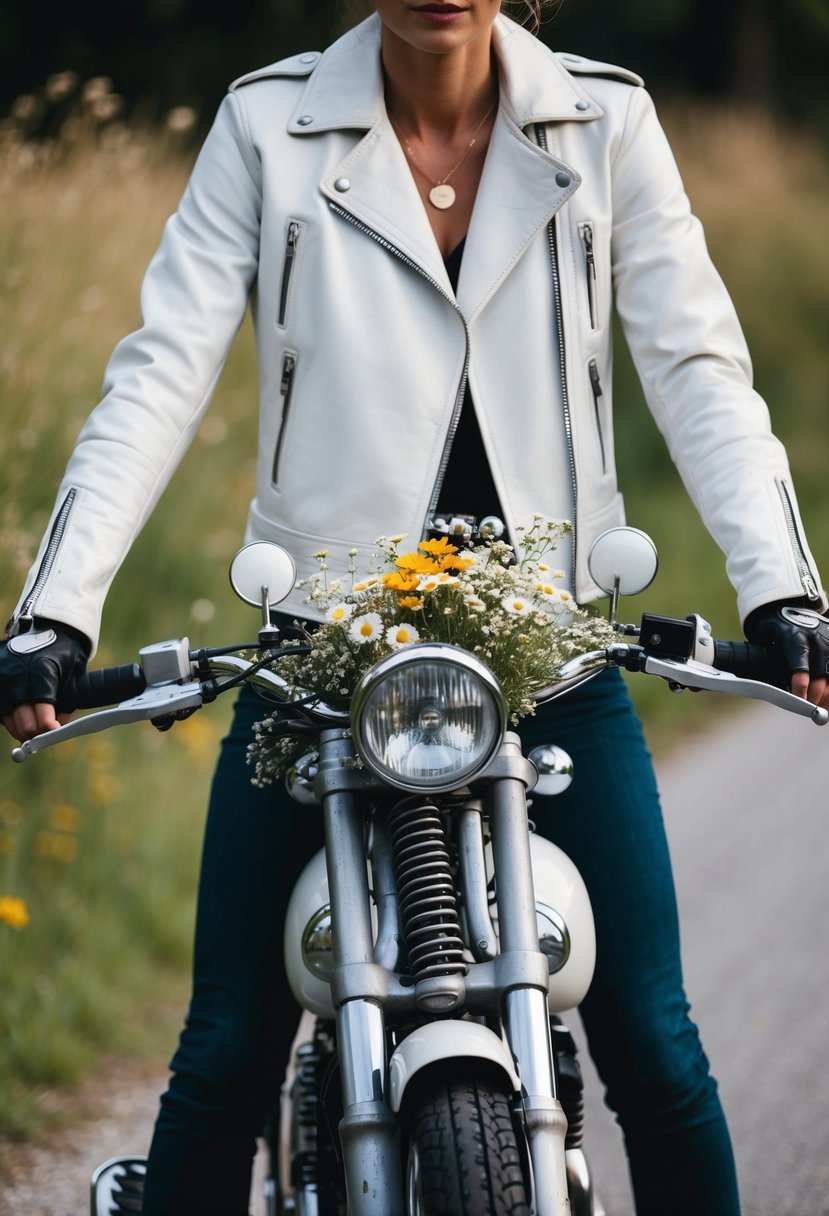 A white leather biker jacket draped over a vintage motorcycle with a bouquet of wildflowers tucked into the handlebars