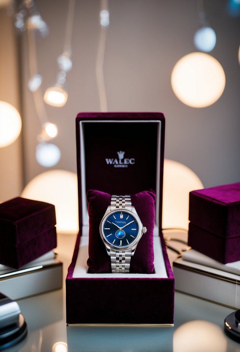 A sleek luxury watch displayed on a velvet cushion, surrounded by soft lighting and elegant packaging