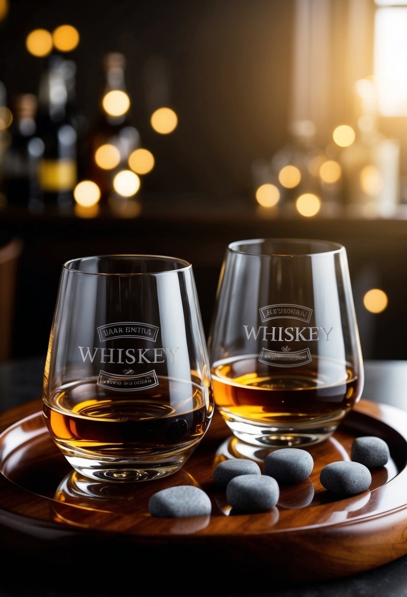 Two elegant whiskey glasses with personalized engravings sit on a polished wooden tray, surrounded by a scattering of whiskey stones