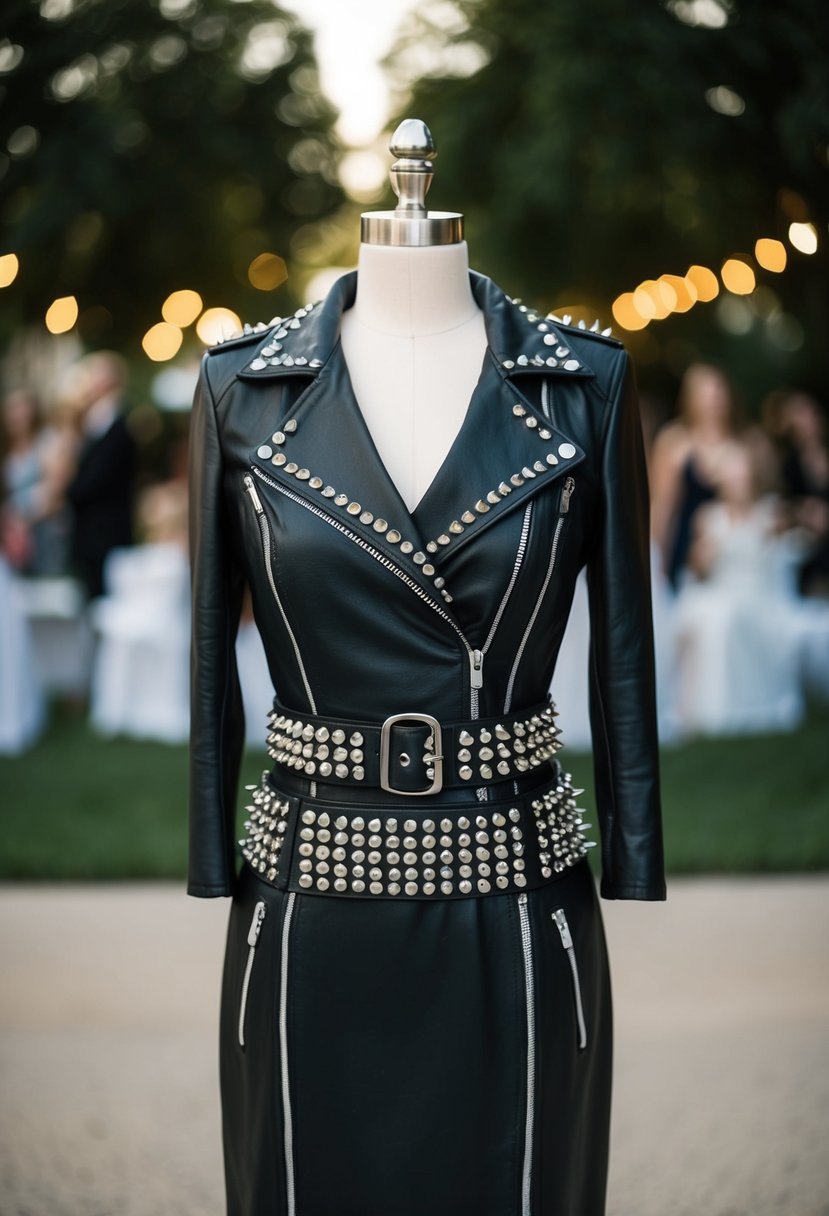 A sleek black leather dress adorned with silver studs and accessorized with a chic studded leather belt, perfect for a biker-themed wedding