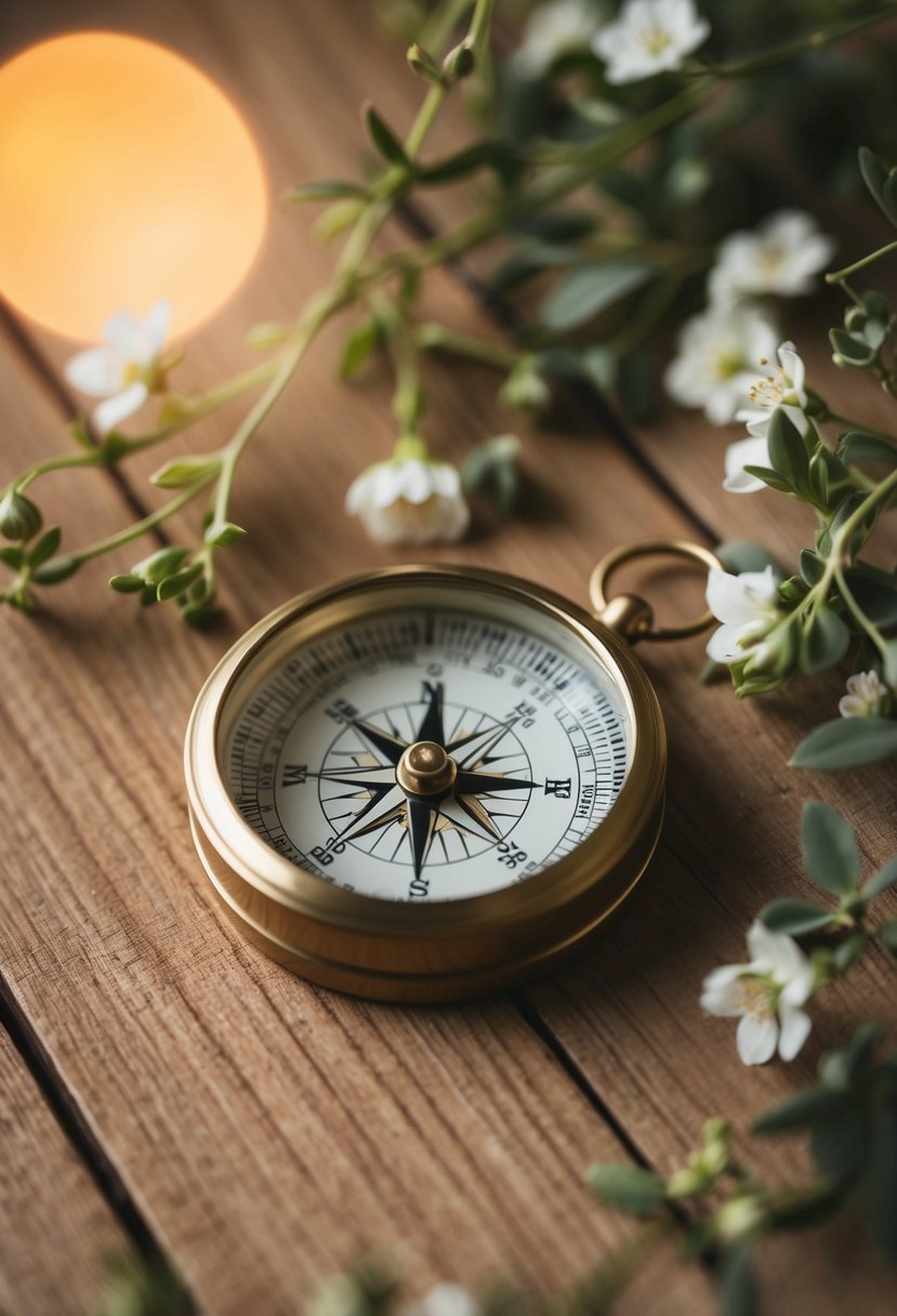 A compass resting on a wooden table, surrounded by delicate flowers and foliage, with a soft light casting a warm glow over the scene