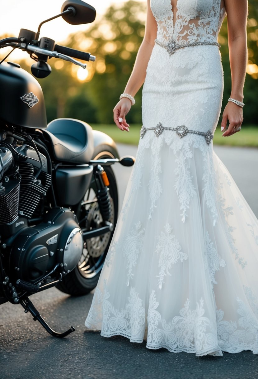 A sleek, black motorcycle parked next to a white lace wedding dress with garter details and biker-inspired embellishments