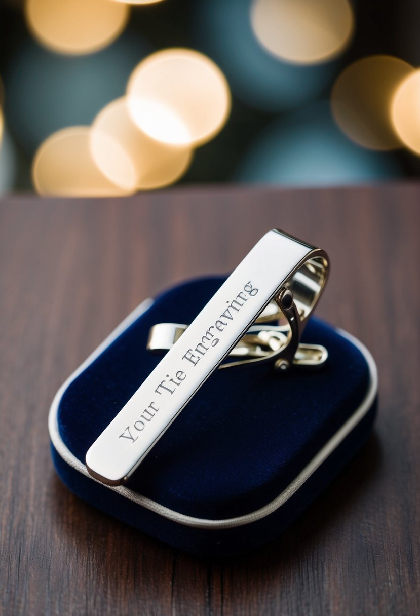 A sleek silver tie clip with personalized engraving, displayed on a velvet cushion