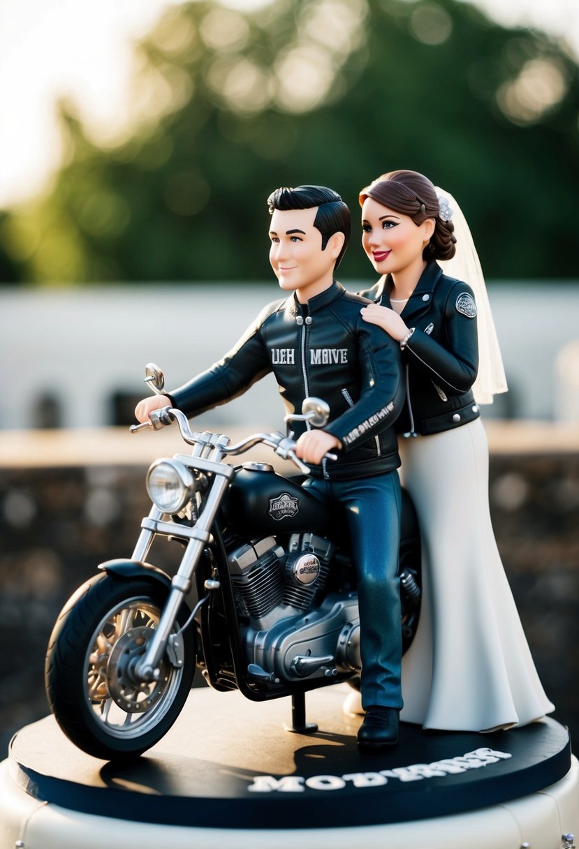 A custom biker wedding cake topper featuring a bride and groom in leather motorcycle jackets, with the groom on a motorcycle and the bride holding onto him