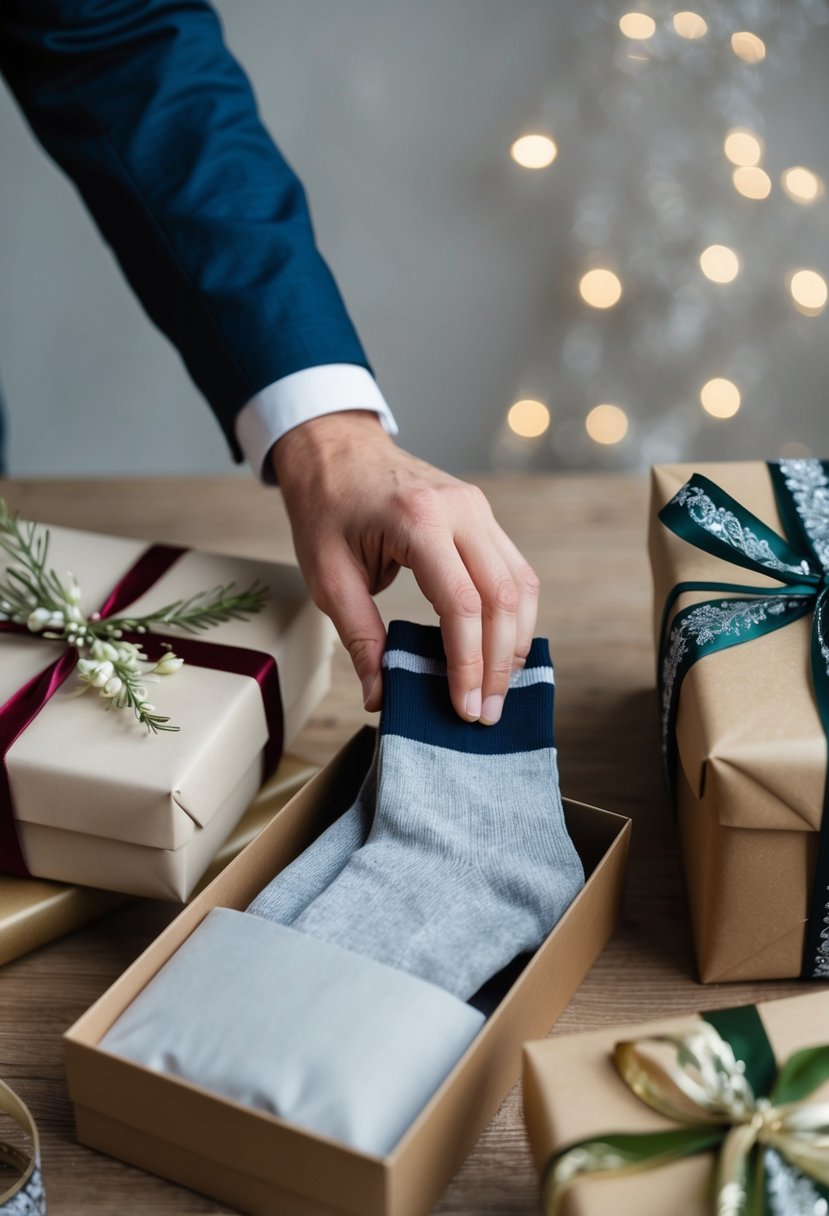 A groom's hand reaches for a pair of stylish socks in a gift box, surrounded by elegant wrapping paper and a decorative ribbon