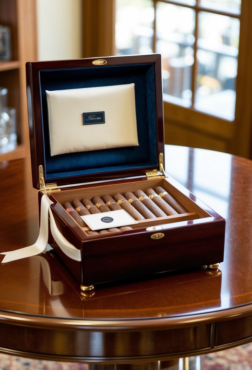 A sleek wooden cigar humidor sits on a polished mahogany table, adorned with a satin ribbon and a small card