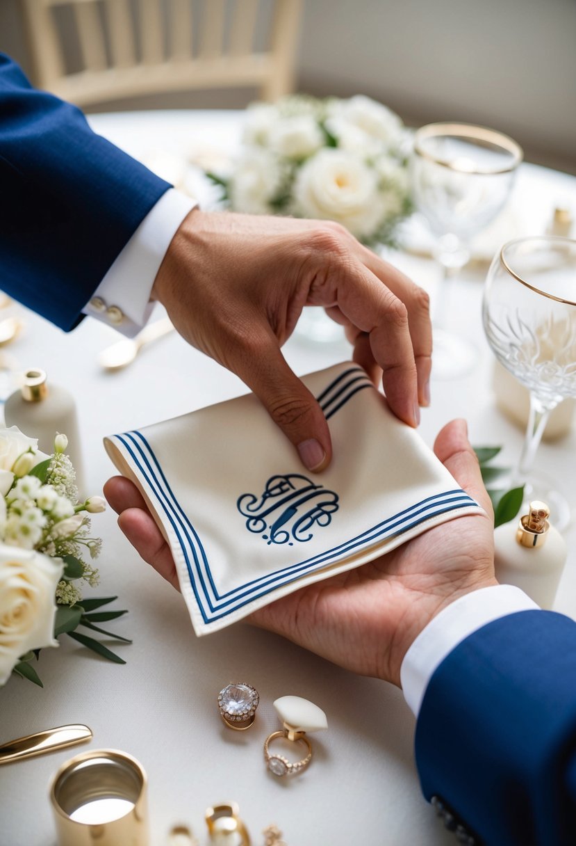 A groom's hand reaches for a monogrammed handkerchief, surrounded by elegant wedding accessories