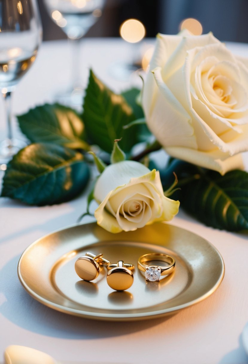 A table set with a pair of gold cuff links, a white rose, and a wedding ring