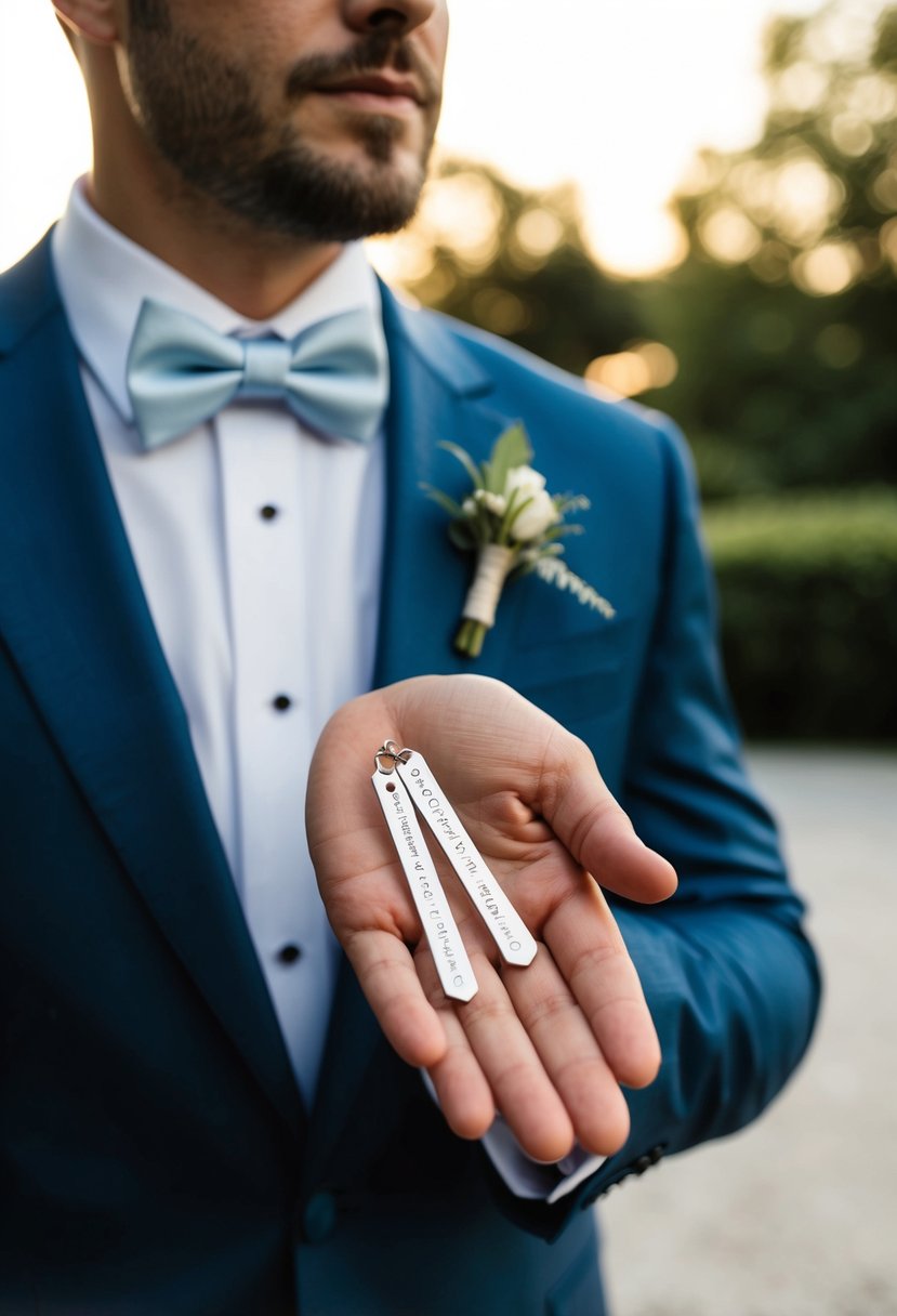 A groom's hand holding personalized collar stays, with a wedding suit in the background