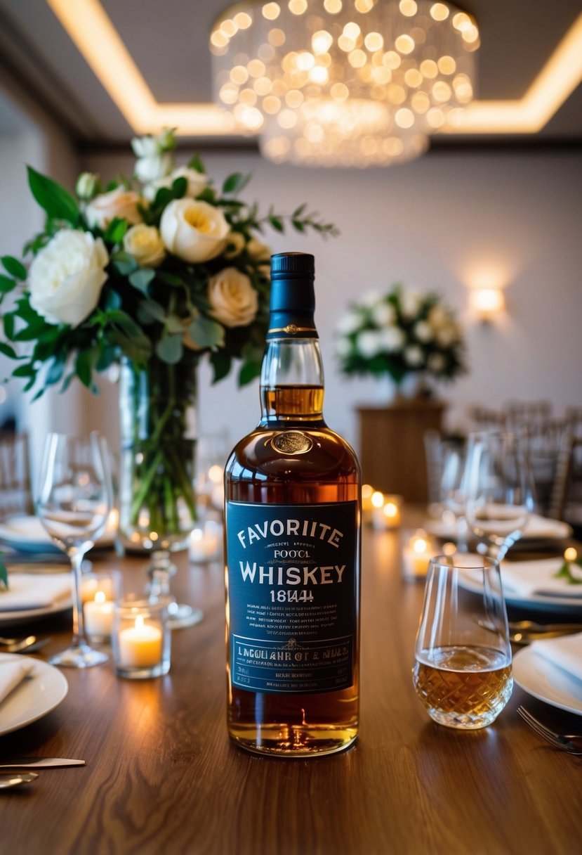 A bottle of favorite whiskey sits on a wooden table surrounded by elegant wedding decor