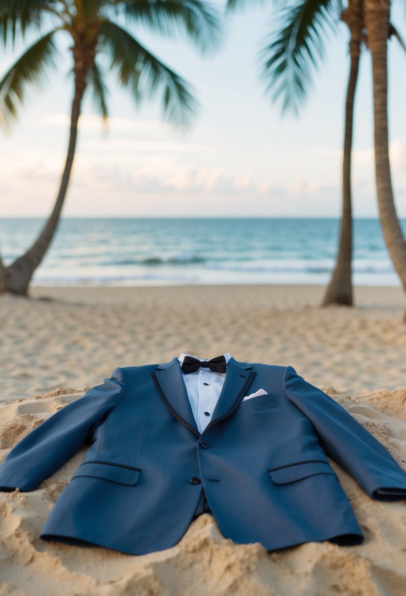 A groom's suit laid out on a sandy beach with a view of the ocean and palm trees in the background