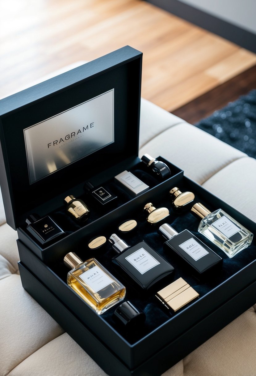 A sleek black box opens to reveal an array of luxurious fragrance bottles and grooming accessories, arranged on a bed of soft velvet