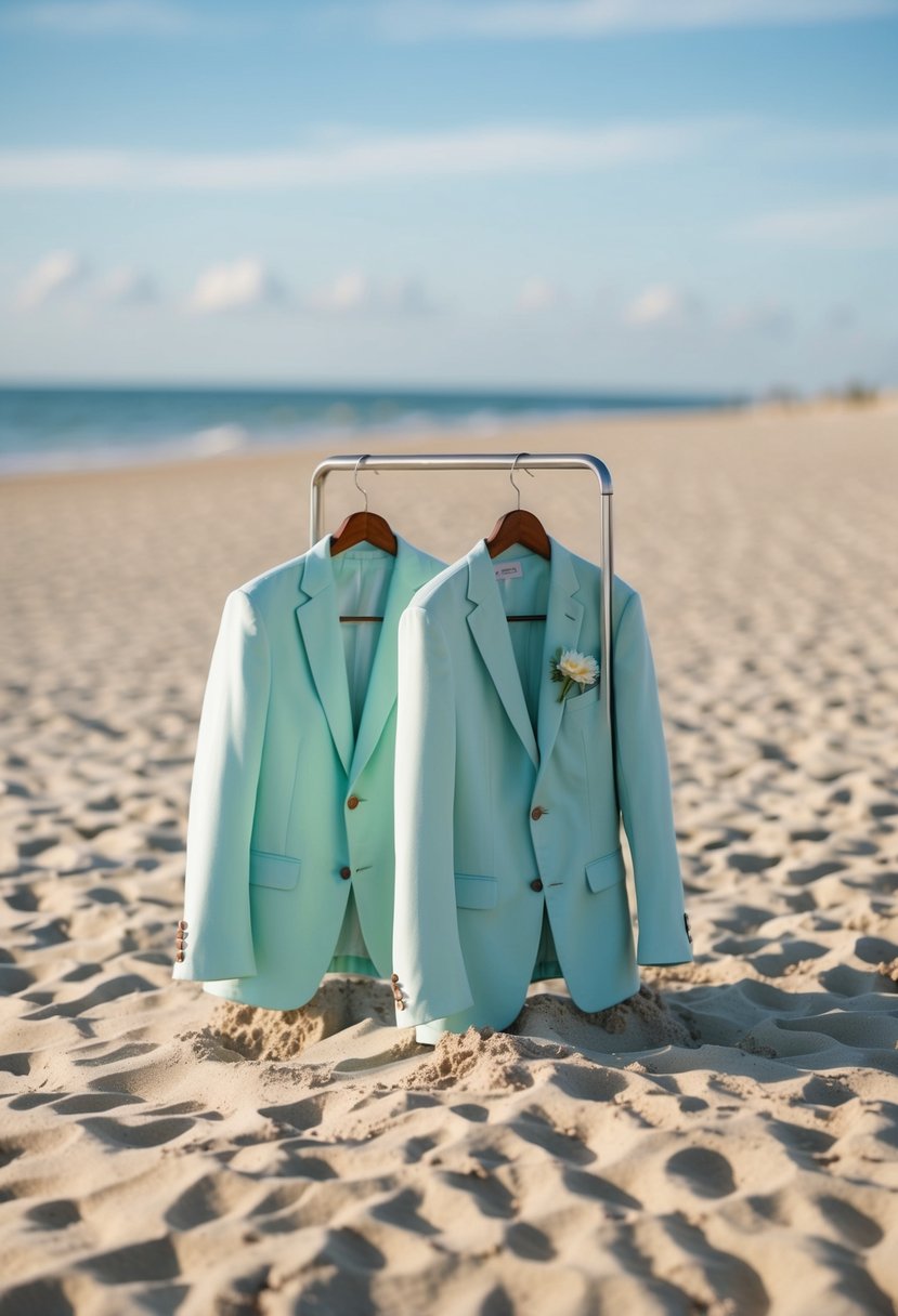 A sandy beach with a gentle breeze, showcasing lightweight linen suits in soft pastel colors for a beach wedding