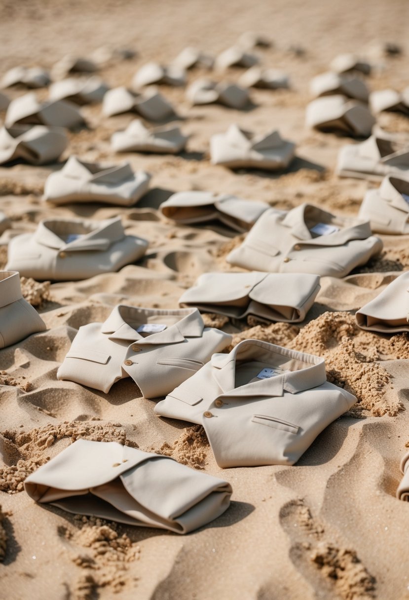 A sandy beach with neutral beige suits scattered among the sandy hues of the shore at a wedding ceremony