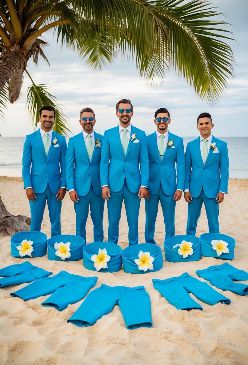 A group of vibrant tropical blue suits arranged on a sandy beach backdrop for a beach wedding