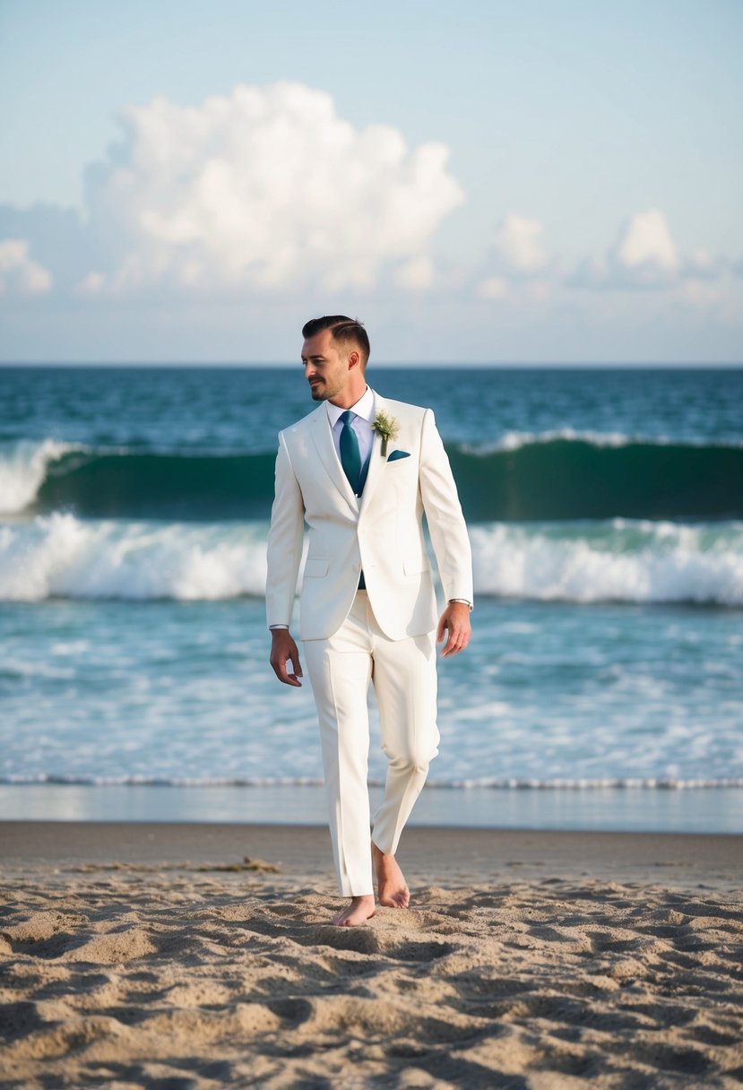 A groom in a pure white suit stands barefoot on a sandy beach, with the ocean waves crashing in the background