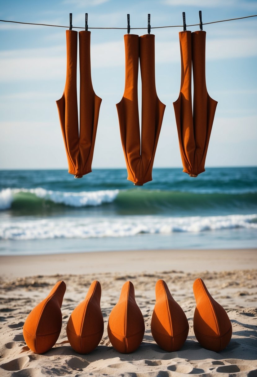 A group of rust-colored suits arranged on a sandy beach with ocean waves in the background