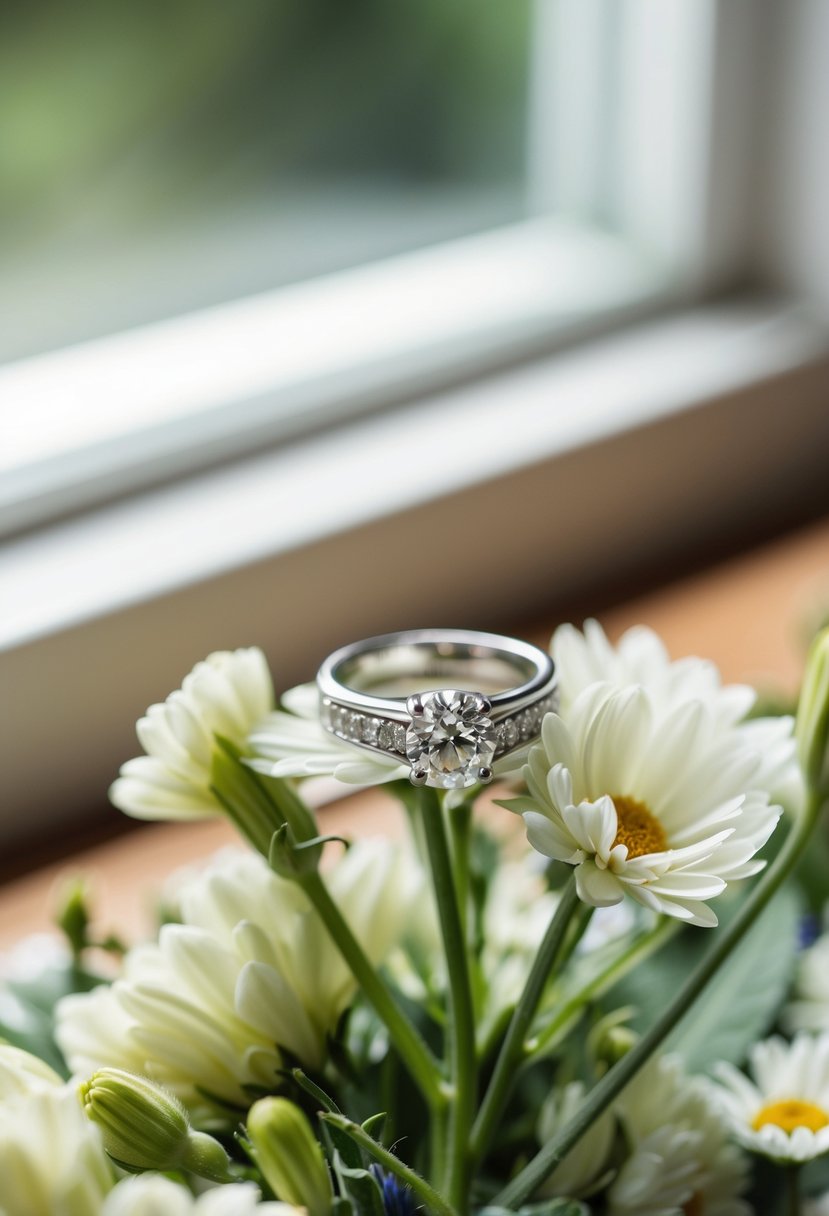 A wedding ring placed on a bed of fresh flowers, with soft natural light streaming in from a nearby window