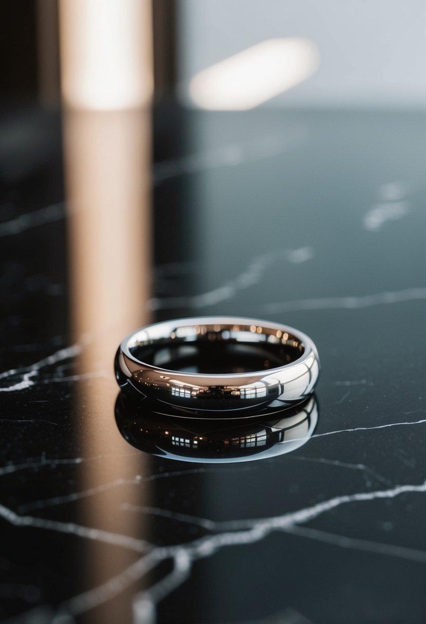 A silver wedding ring reflects light on a polished black marble surface