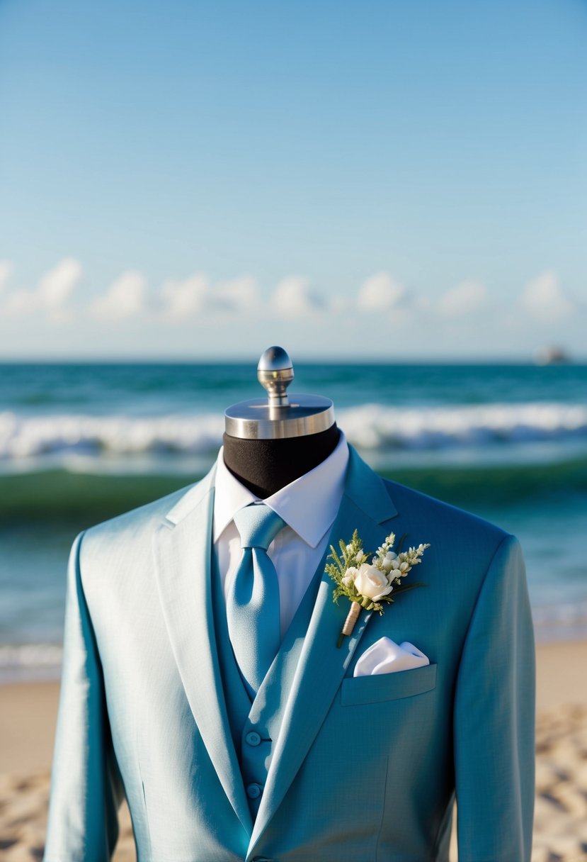 A groom's suit made of silk-linen blend, set against a backdrop of a serene beach with gentle waves and a clear blue sky