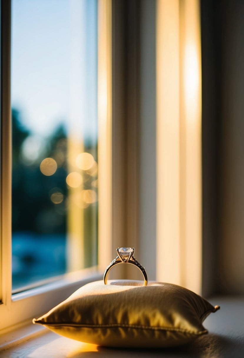 Sunlight streams through a window, casting a warm glow on a wedding ring resting on a silk pillow. The soft light creates a romantic and intimate ambiance