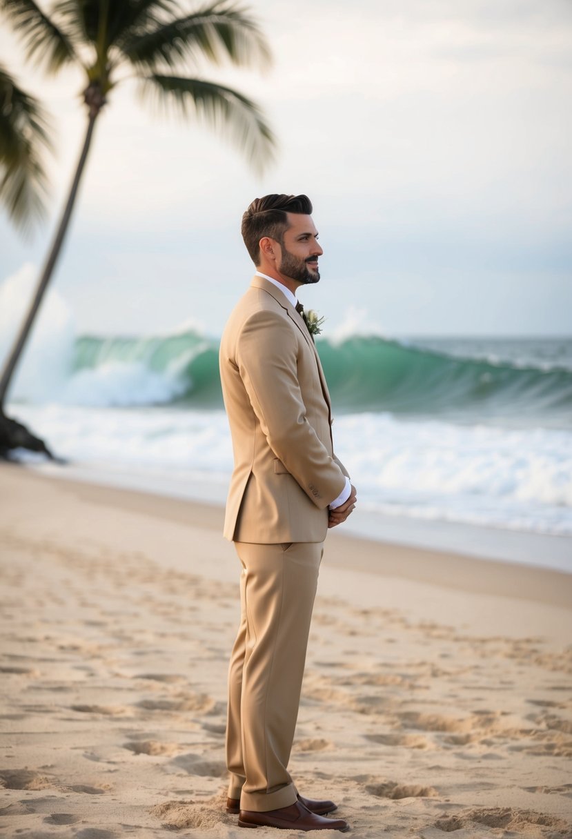 A groom in a tan suit stands on a sandy beach, with waves crashing in the background and palm trees swaying in the breeze