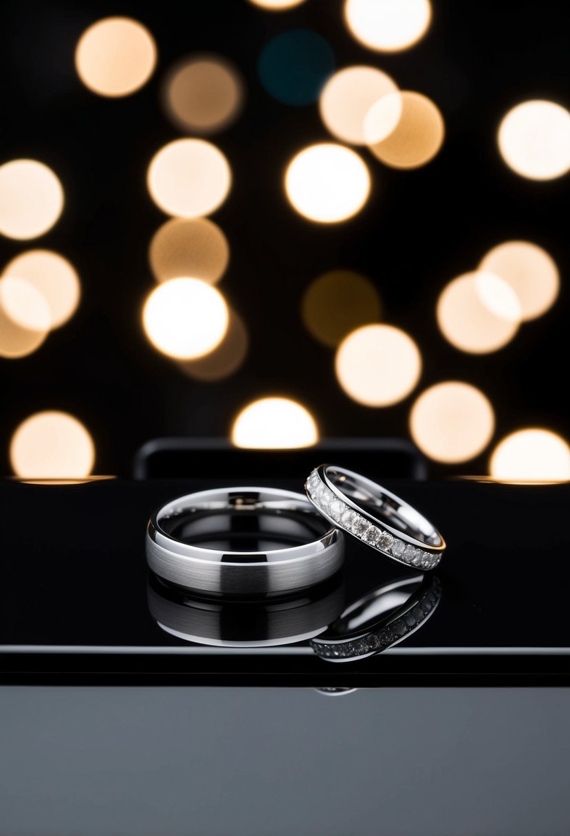 Two wedding rings arranged on a sleek black surface, contrasting against the dark background