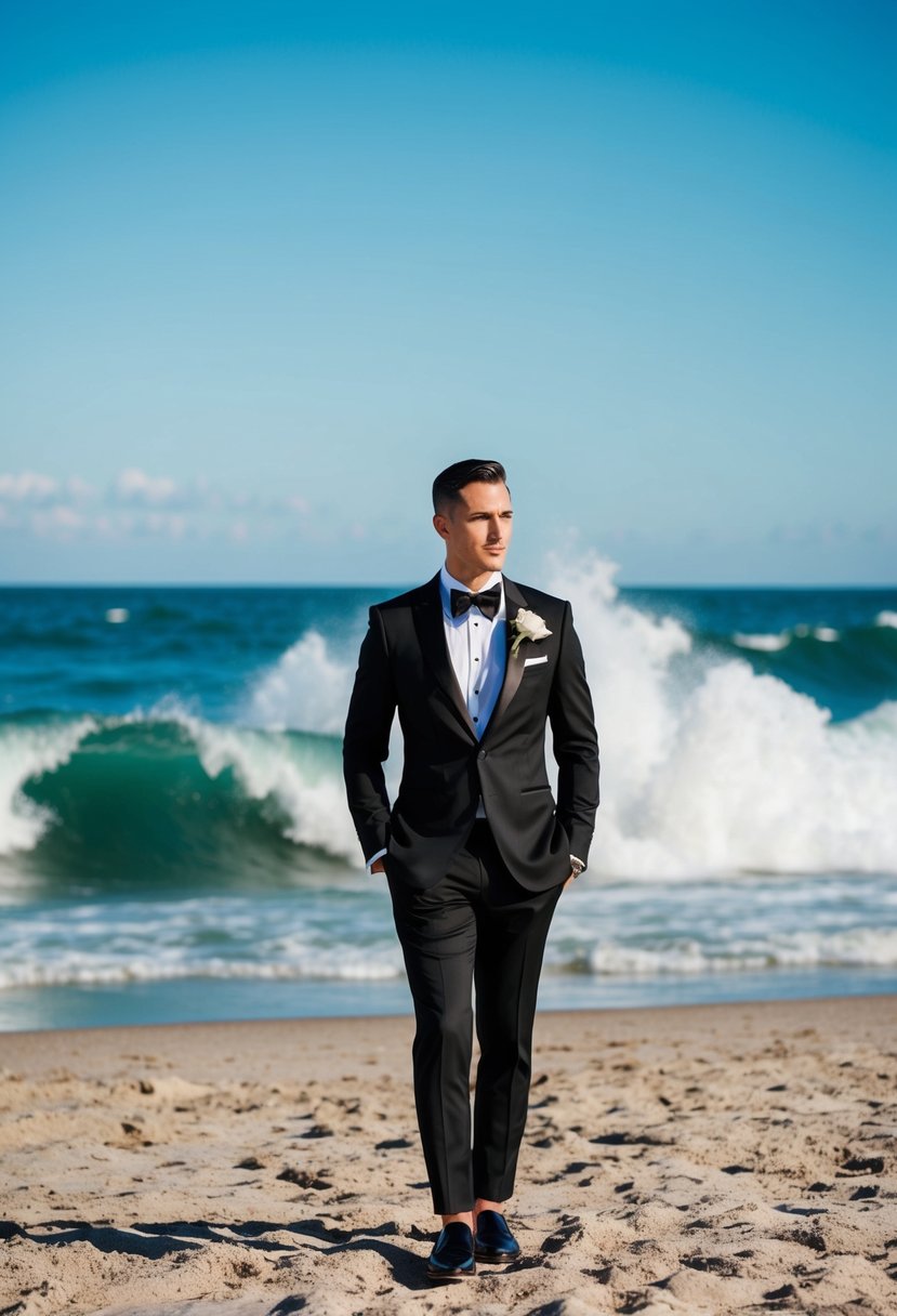 A groom wearing a bold black suit stands on a sandy beach, with crashing waves and a bright blue sky in the background