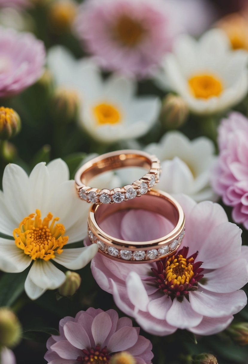 A pair of wedding rings surrounded by blooming seasonal flowers