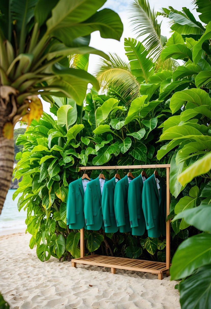 Lush tropical foliage surrounds a beachside wedding venue, with leafy green suits hanging on a wooden rack