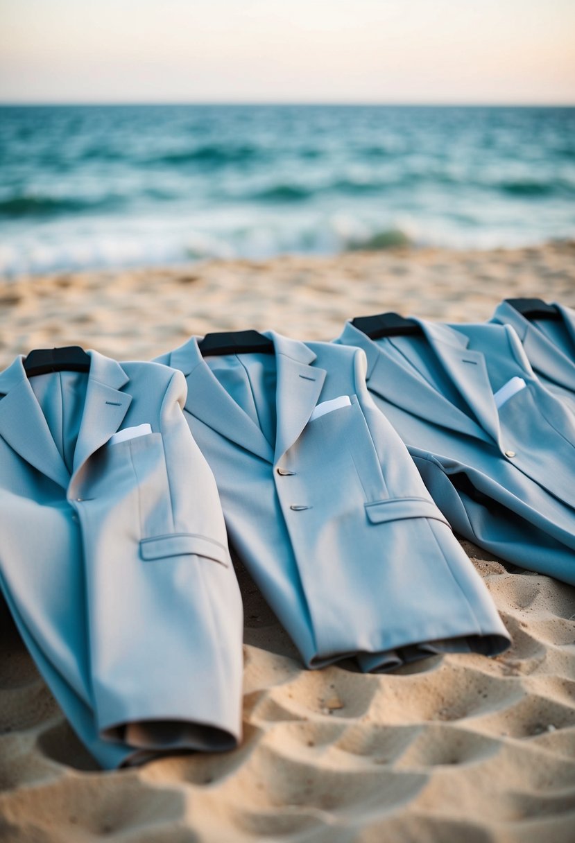 A group of light grey designer suits laid out on a sandy beach with the ocean in the background