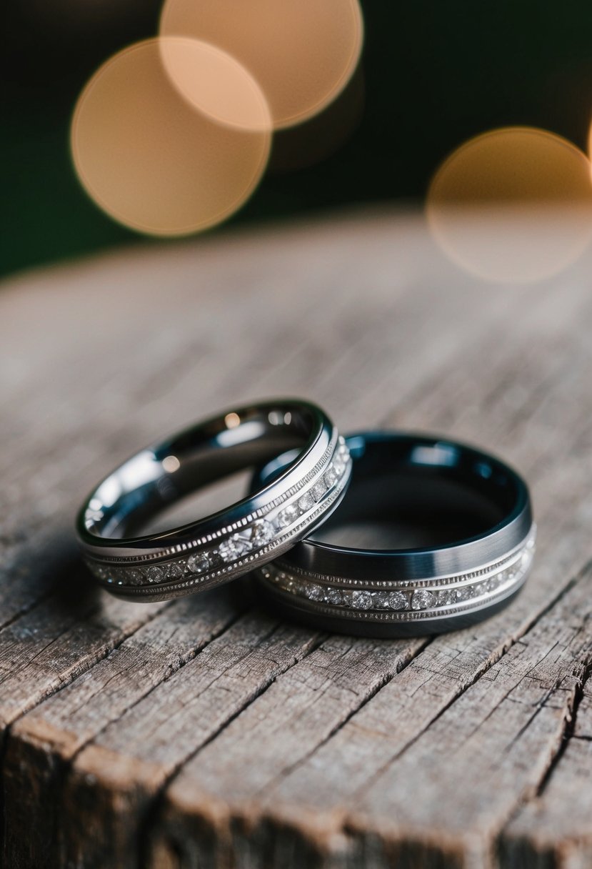 Two wedding rings resting on a rustic wooden surface, with intricate personal details engraved on the bands