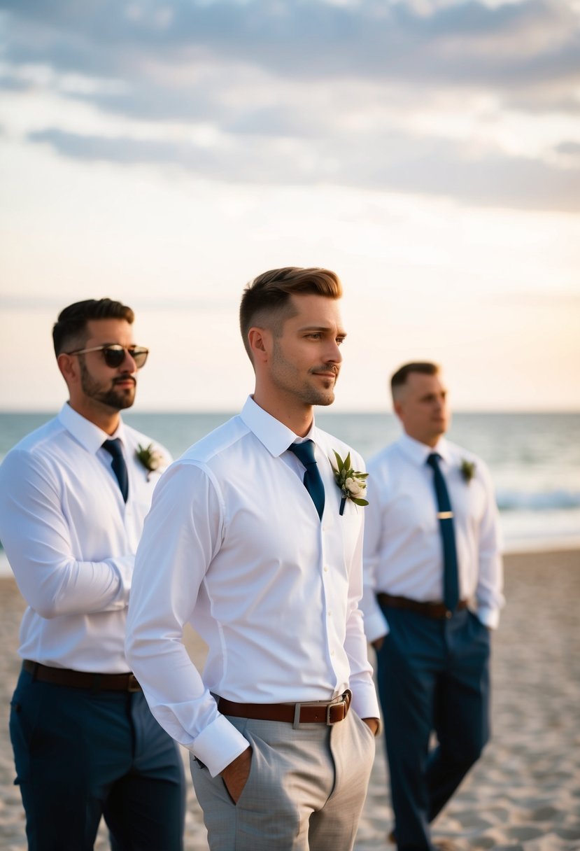 A beach wedding scene with white dress shirts paired with various suit options