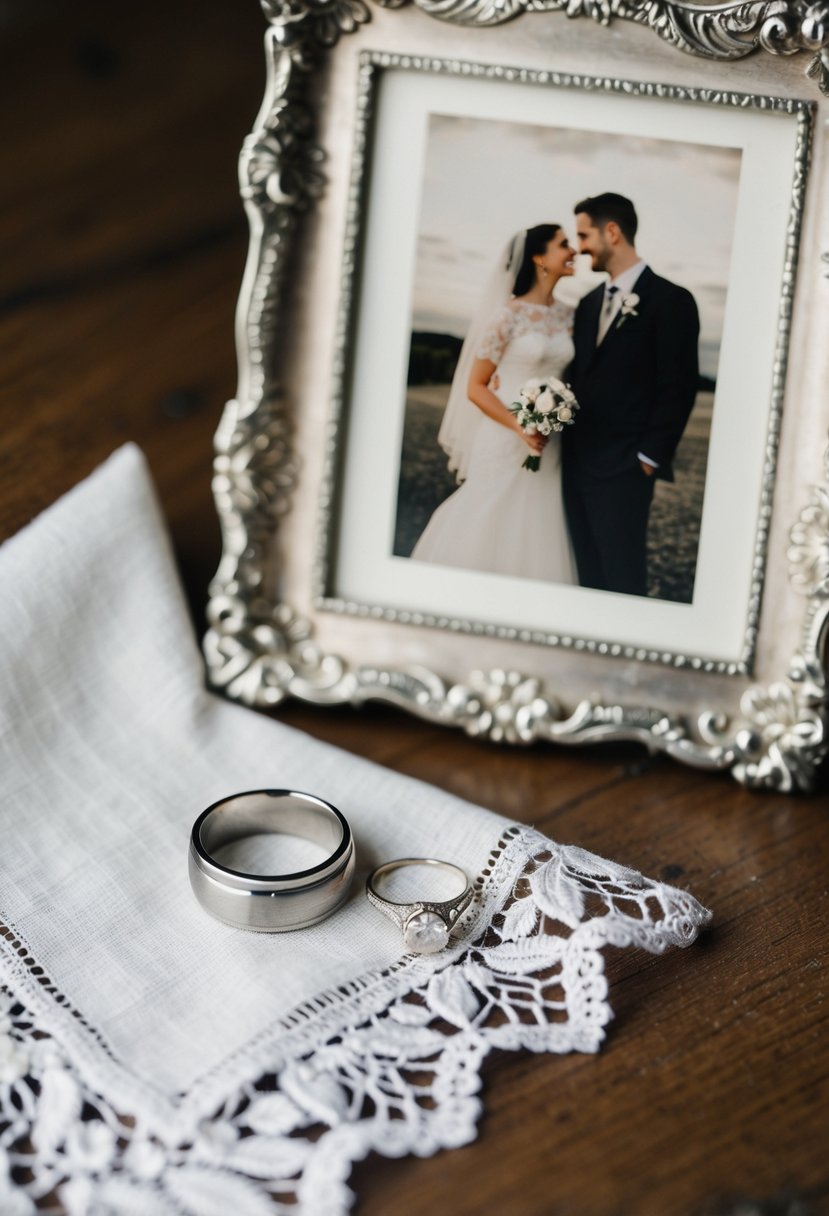 A wedding ring placed on a vintage lace handkerchief next to a faded black-and-white photograph of a couple in an ornate silver frame