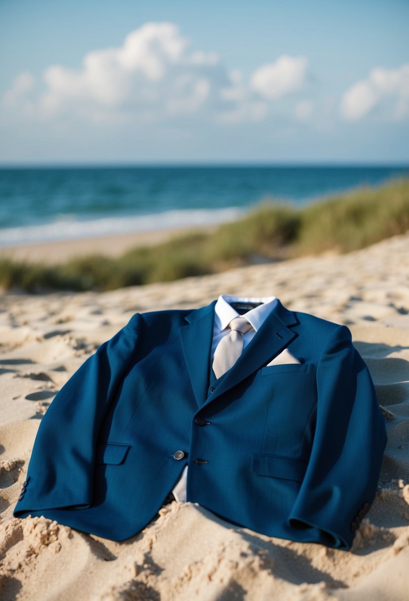 A groom's suit jacket and tie laid out on a sandy beach with the ocean in the background