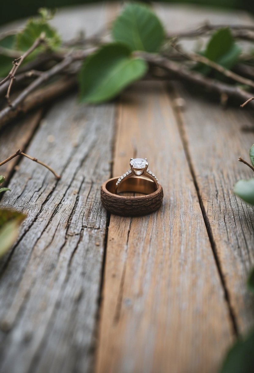 A wooden table with a weathered texture, adorned with rustic wedding rings and surrounded by natural elements such as twigs and leaves