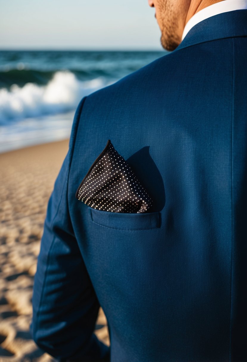 A navy blue suit jacket with a black print pocket square, set against a backdrop of a sandy beach and crashing waves