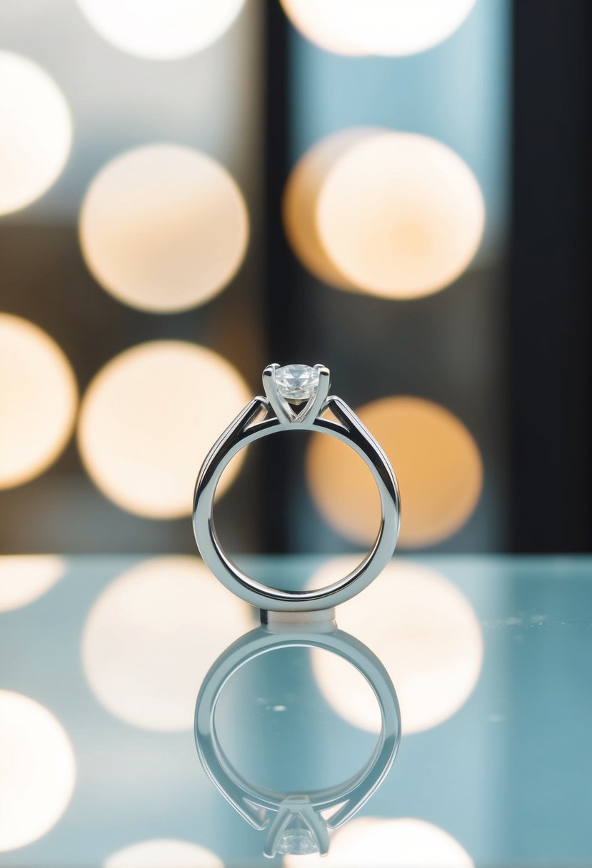 A single wedding ring stands on a reflective surface, with out-of-focus rings in the background creating a bokeh effect