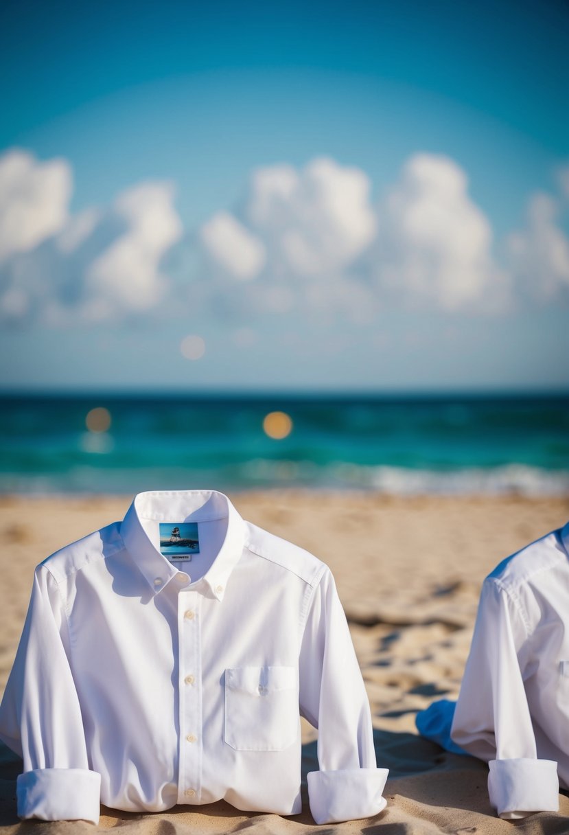 A beach wedding scene with lightweight cotton shirts, set against a backdrop of casual charm