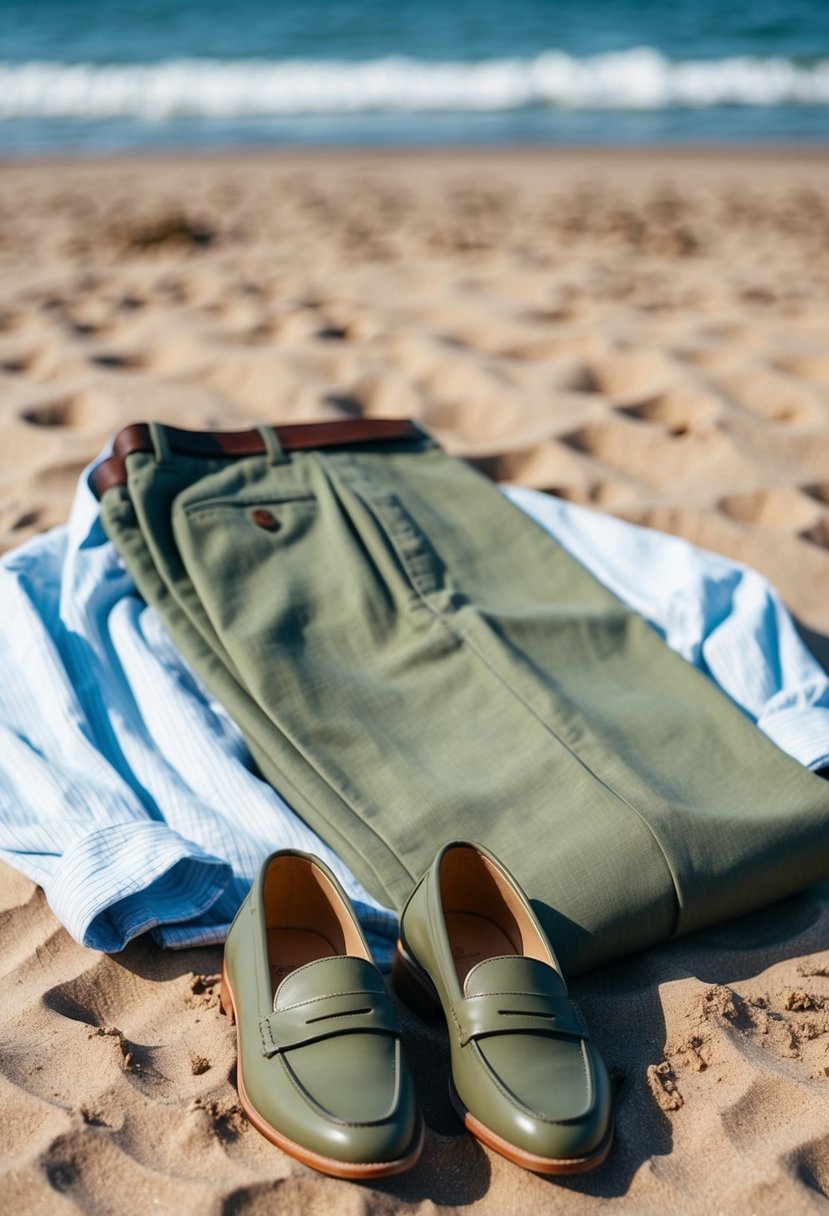 A pair of khaki chinos, a linen shirt, and a pair of loafers laid out on a sandy beach with the ocean in the background