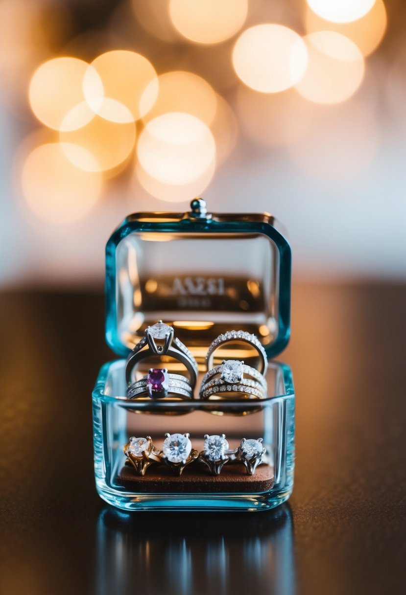 A small glass box holds multiple wedding rings, arranged in an artistic display