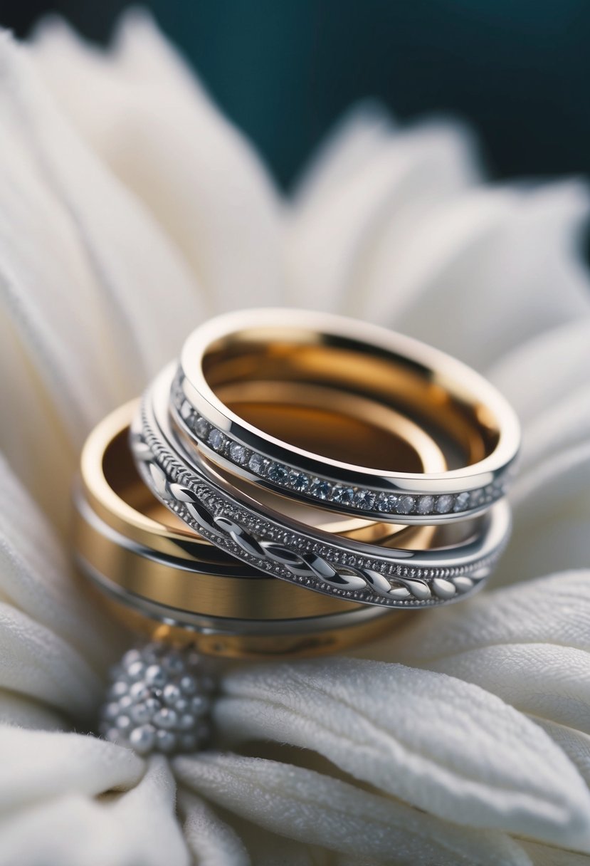 A close-up of intertwined wedding rings, capturing the intricate details and textures with a macro lens