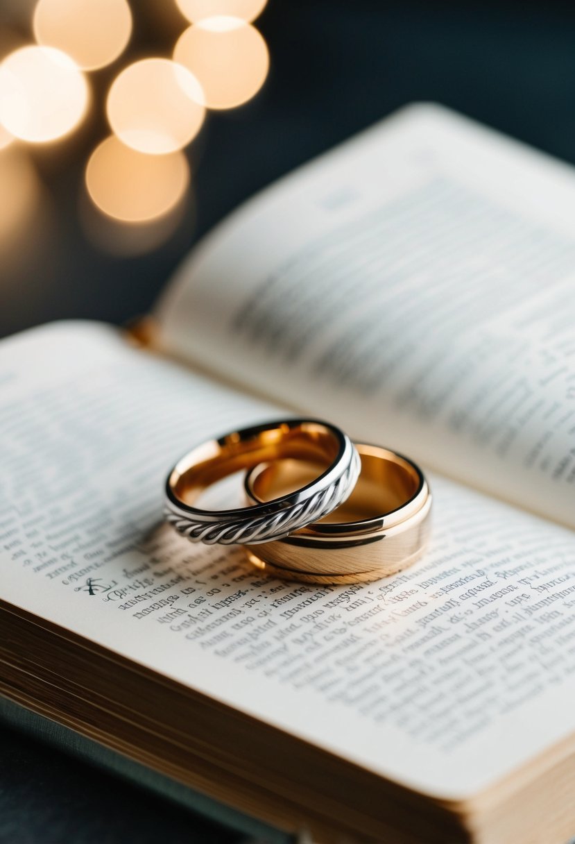 A pair of intertwined rings positioned on an open book, surrounded by soft lighting