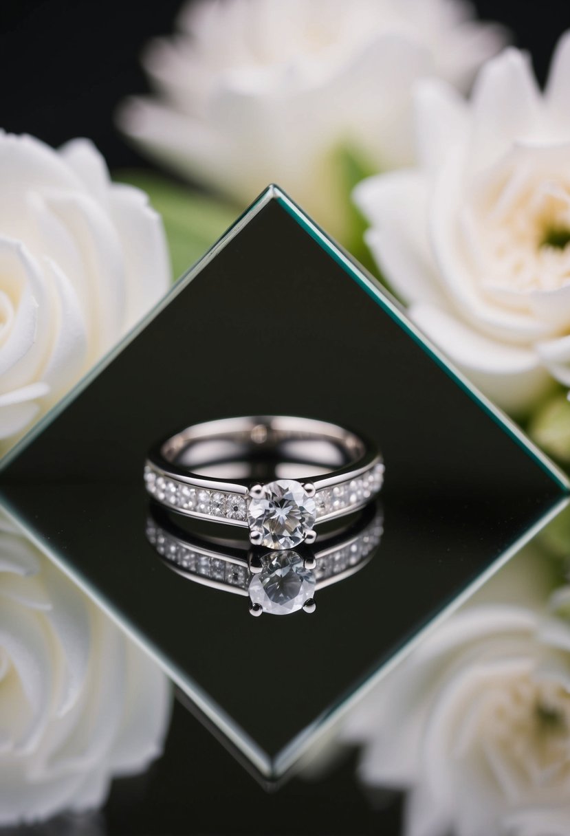 A wedding ring reflected in a mirror, creating depth and dimension