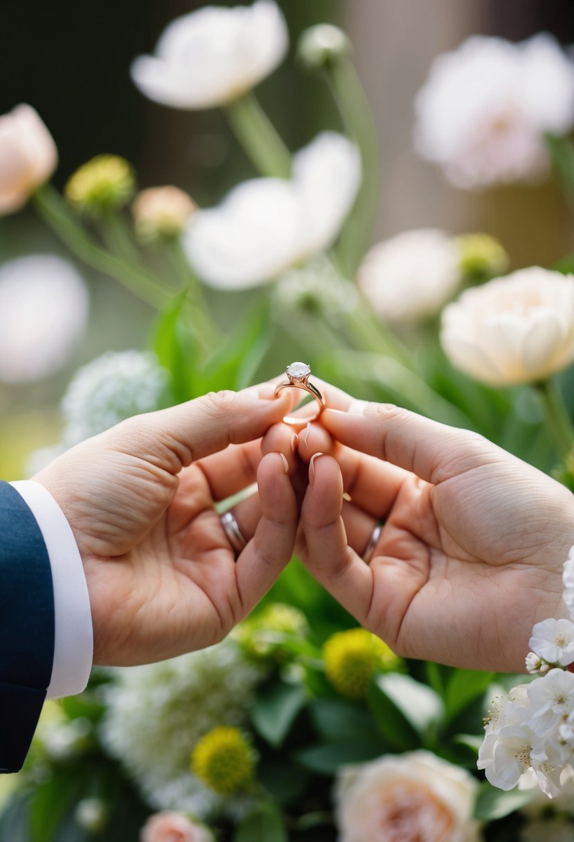 Two hands gently holding a wedding ring between them, with soft lighting and a blurred background of flowers and greenery