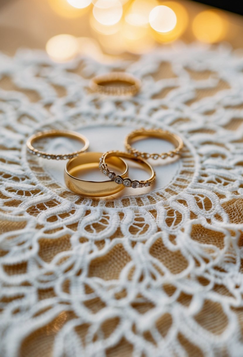 Vintage lace fabric with arranged rings in soft lighting