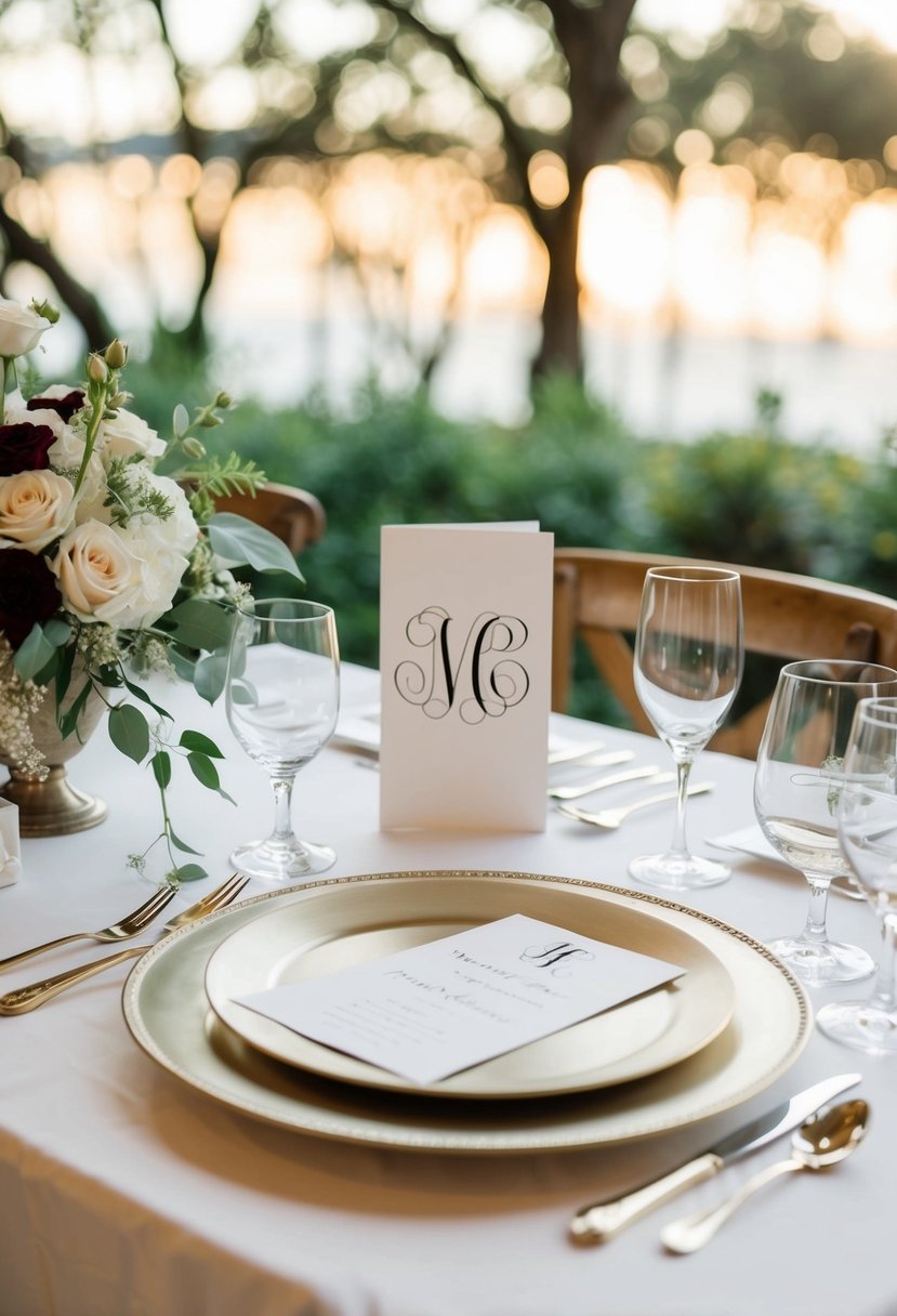 A table set with elegant wedding stationery featuring custom monogram designs