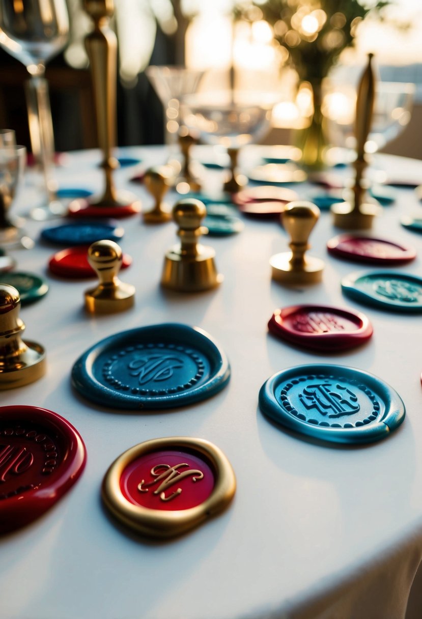 A table adorned with various unique wax seals featuring elegant monograms