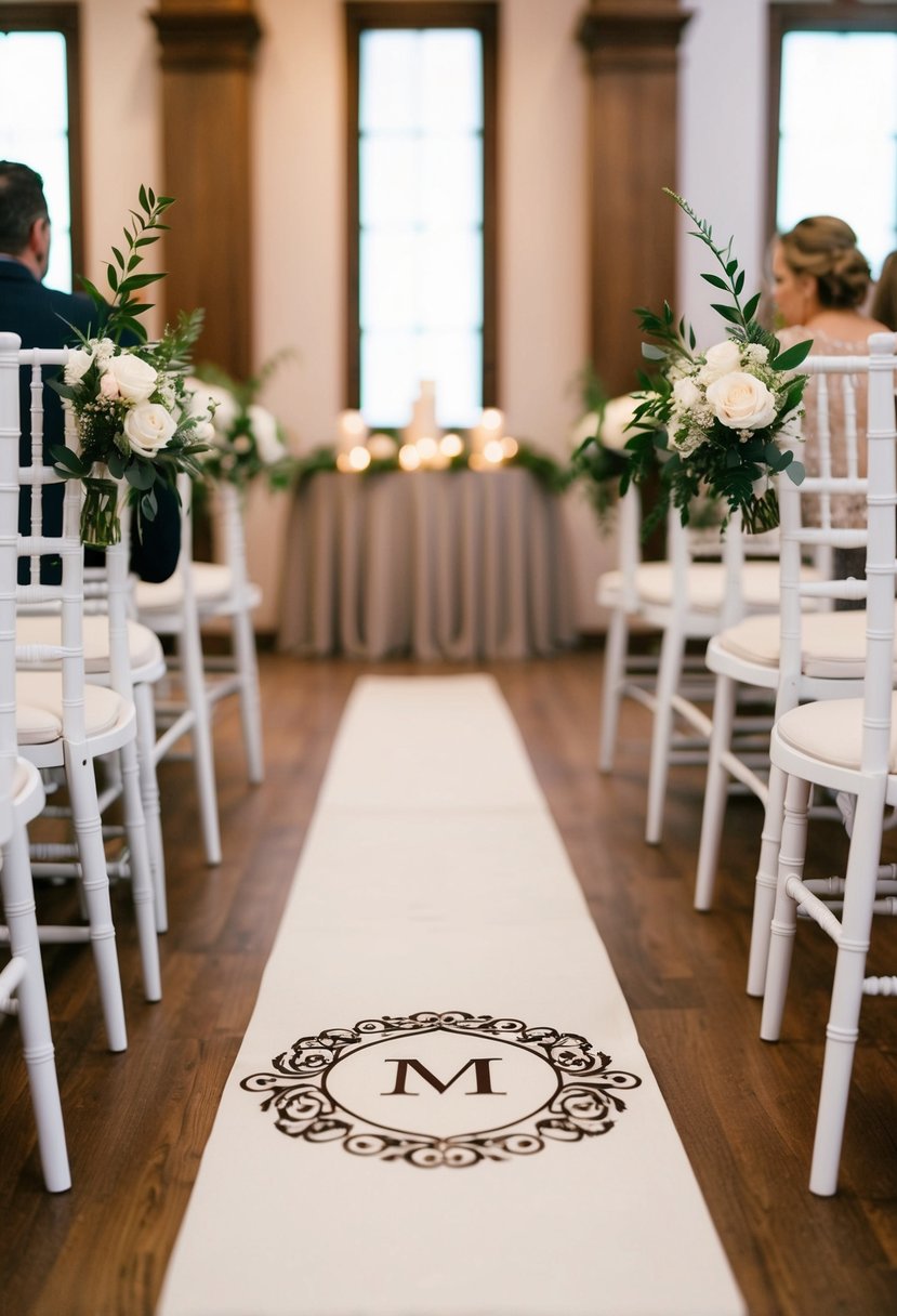 An elegant printed aisle runner with a monogram design leading the way at a wedding ceremony